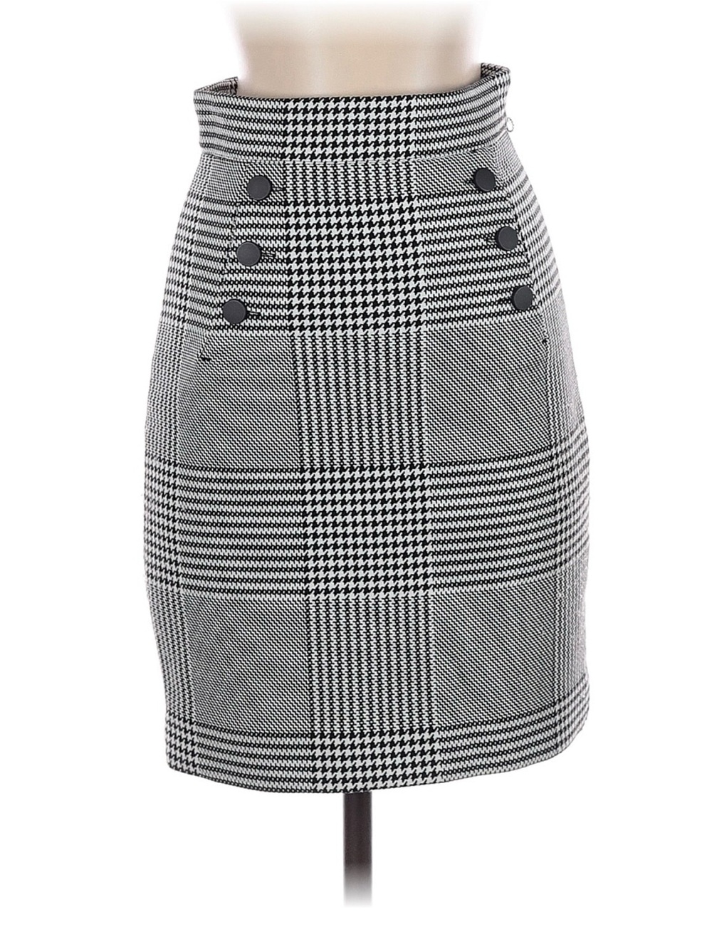 H&M Black and White Plaid Pencil Skirt with Button Detail